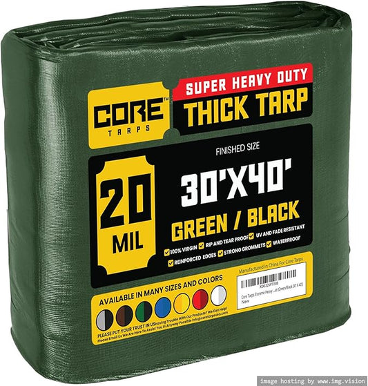 Core Tarps Extreme Heavy Duty 20 Mil Tarp Cover, Waterproof, UV Resistant, Rip and Tear Proof, Poly Tarpaulin with Reinforced Edges for Roof, Camping, Patio, Pool, Boat (Green/Black 30′ X 40′)