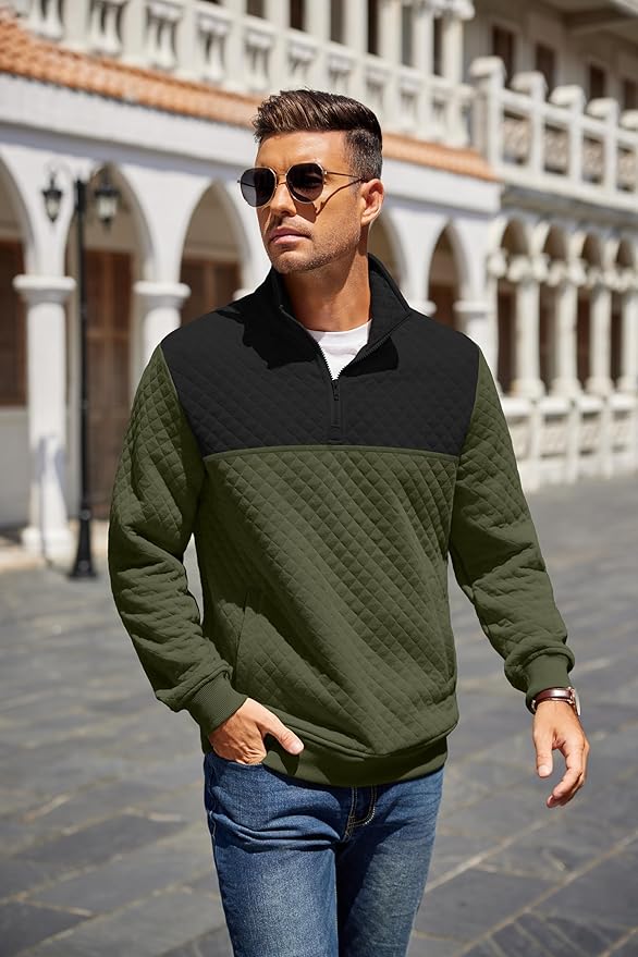 COOFANDY Mens Quarter Zip Pullover Quilted Sweatshirt Knit Long Sleeve Mock Neck Sweater Polo with Pocket
