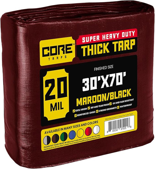 Core Tarps Extreme Heavy Duty 20 Mil Tarp Cover, Waterproof, UV Resistant, Rip and Tear Proof, Poly Tarpaulin with Reinforced Edges for Roof, Camping, Patio, Pool, Boat (Maroon/Black 30′ X 70′)