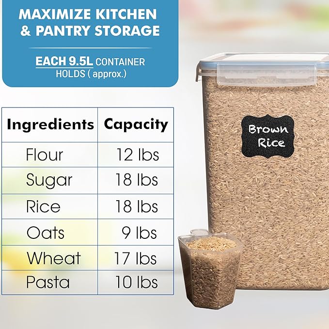 Shazo 2 PC (9.5L | 321 Oz) Extra Large Bulk Food Storage Containers with Airtight Lids for Flour, Sugar, Rice, Cereal & Pasta - Leakproof, BPA-Free Plastic Canisters for Kitchen & Pantry Organization