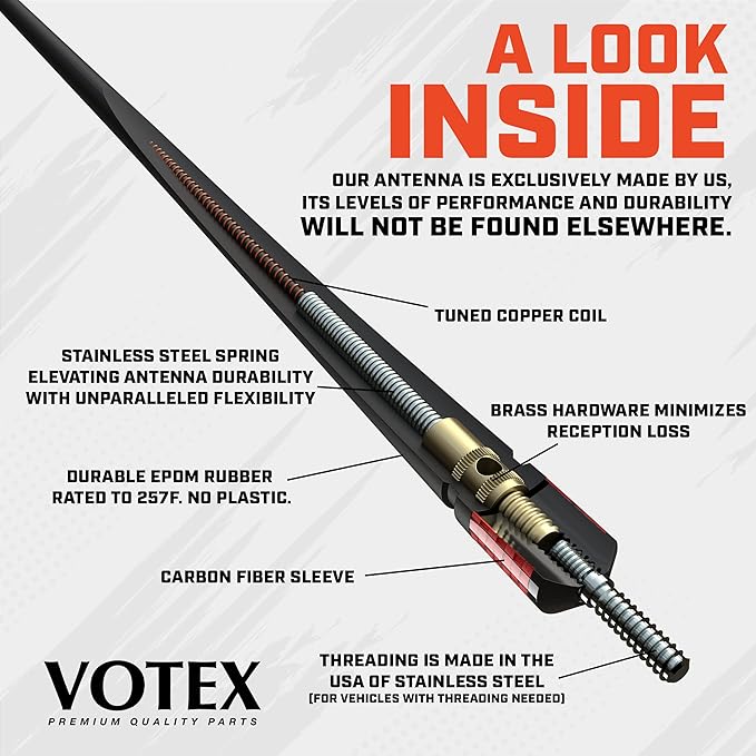 Votex - The Spartan - 13 3/4 Inch Rubber Antenna - USA Stainless Steel Threading - Red Carbon Fiber Trim - Tuned Internal Copper Coil - Part Number A601-FFD-15