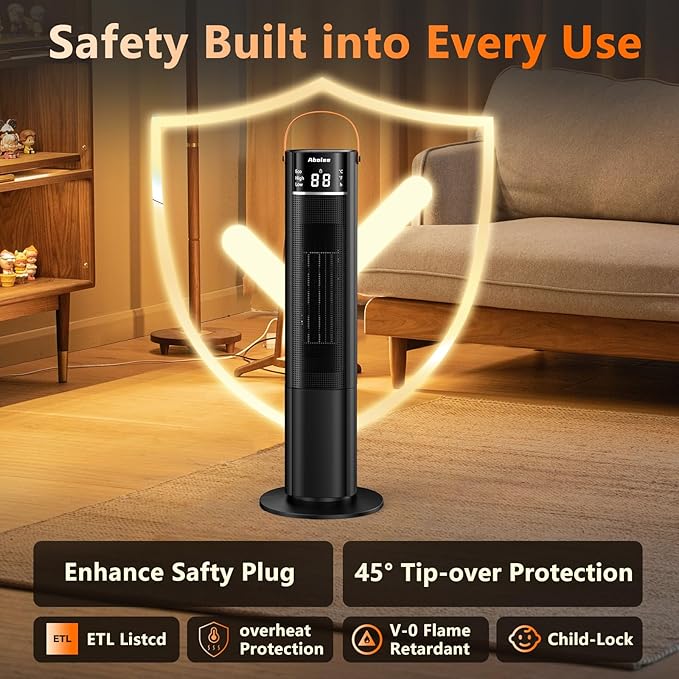 Space Heaters Indoor Use, 26" 12ft/s Electric Heater with Remote, 1500W Electric Heaters with 75°Oscillation, 1-12H Timer, PTC Electric Heater for Large Room, Bedroom Home Office
