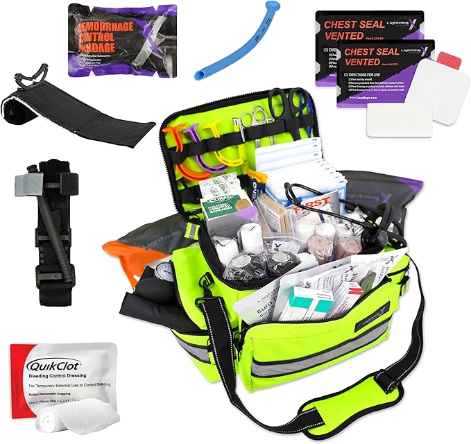 Lightning X Mid-Sized First Responder EMT Bag | LXMB25 | Fully Stocked w/ 248+ First Aid Supplies + Trauma Pak w/C.A.T. Tourniquet & QuikClot - Fluorescent Yellow