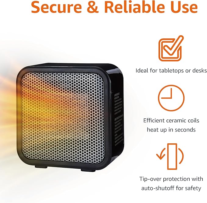 Amazon Basics Ceramic Space Heater, Mini Heater for Office Desk, Portable Tent Heater (Indoor Use), 500 W, With Tip-Over Protection, Lightweight (1.4 LBS), Black, 5.87”D x 3.15”W x 5.95”H