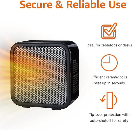 Amazon Basics Ceramic Space Heater, Mini Heater for Office Desk, Portable Tent Heater (Indoor Use), 500 W, With Tip-Over Protection, Lightweight (1.4 LBS), Black, 5.87”D x 3.15”W x 5.95”H