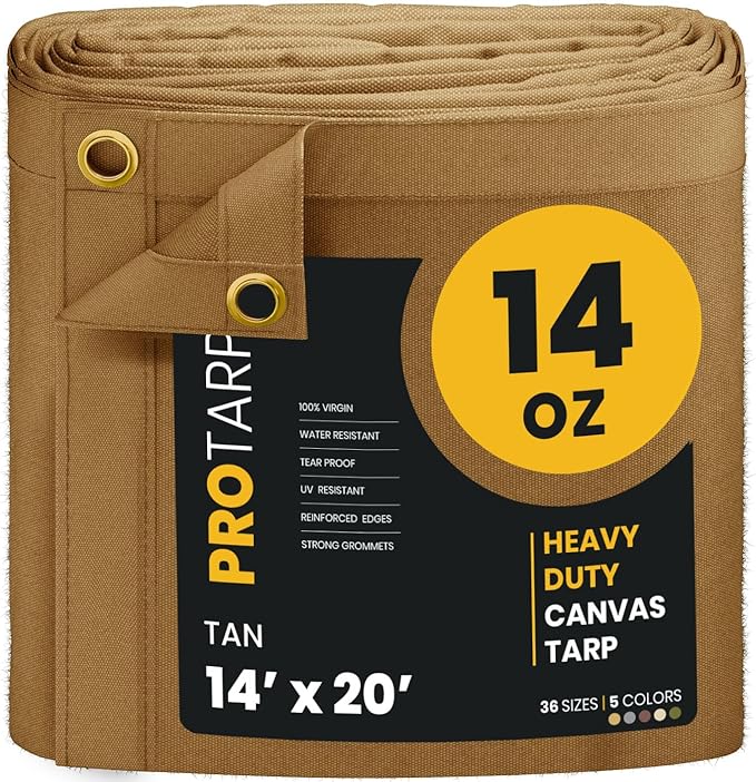 PROTARP Heavy Duty 14 OZ Water Resistant Canvas Tarp, UV Resistant Tarpaulin Cover with Rustproof Brass Grommets, Multipurpose for Canopy, Roof, Camping, Woodpile (Tan 14'X20')