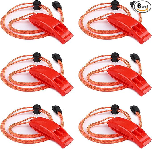 JULBEAR 6PCS Safety Survival Whistles with Adjustable Reflective Lanyard Emergency Plastic Whistle Marine Whistle