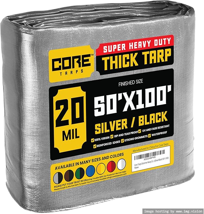 Core Tarps Extreme Heavy Duty 20 Mil Tarp Cover, Waterproof, UV Resistant, Rip and Tear Proof, Poly Tarpaulin with Reinforced Edges for Roof, Camping, Patio, Pool, Boat (Silver/Black 50′ X 100′)