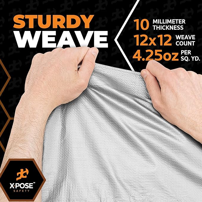 Heavy Duty Poly Tarp - 10' x 20' - 10 Mil Thick Waterproof, UV Blocking Protective Cover - Reversible Silver and Black - Laminated Coating - Grommets - by Xpose Safety
