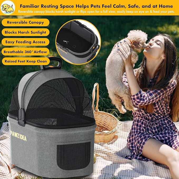 PAWZIDEA Portable Small Dog Crate for Car Travel, Enclosed Pet Car Seat for Small/Medium Dogs & Cats up 33 lb, Reversible No-Zip Canopy, Soft-Sided Pet Carrier Basket, Foldable Dog Kennel, Metal Frame