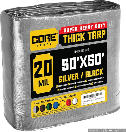 Core Tarps Extreme Heavy Duty 20 Mil Tarp Cover, Waterproof, UV Resistant, Rip and Tear Proof, Poly Tarpaulin with Reinforced Edges for Roof, Camping, Patio, Pool, Boat (Silver/Black 50′ X 50′)