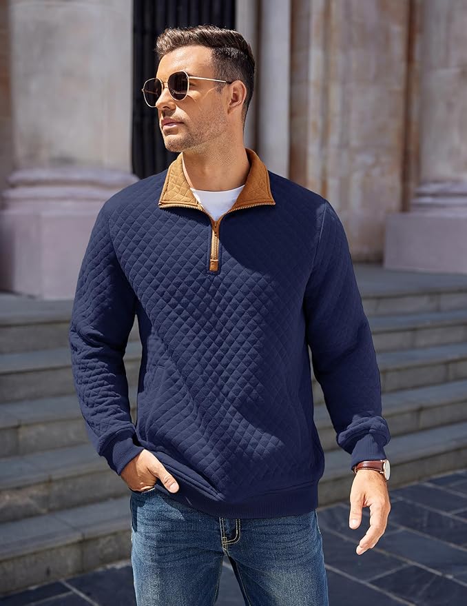 COOFANDY Mens Quarter Zip Pullover Quilted Sweatshirt Knit Long Sleeve Mock Neck Sweater Polo with Pocket