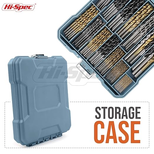 Hi-Spec Drill Bit Set 130pc Multi SAE – 11 Sizes 1/16in to 3/8in – HSS Titanium, Masonry & Brad Point Steel Bits – Metal Drill Bits for Metal, Wood, Plastic, Drywall, Brick & Concrete – With Tray Case