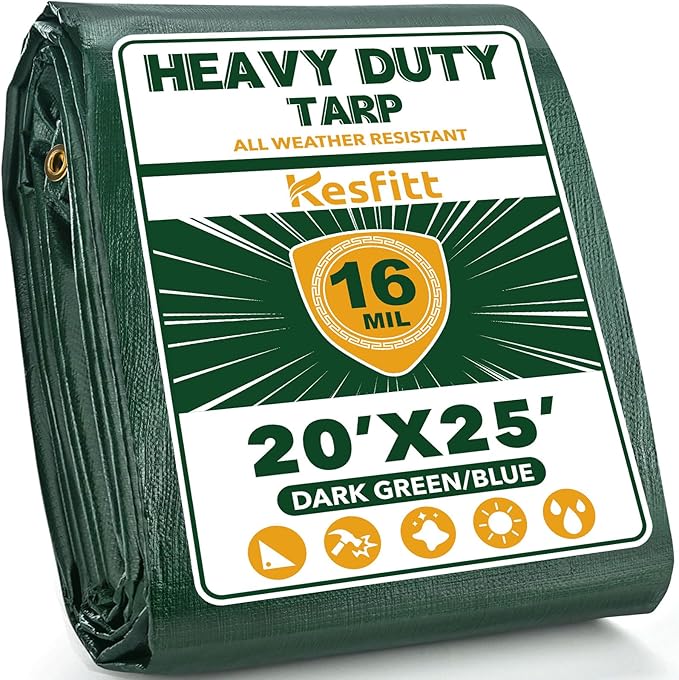 Kesfitt Tarp Heavy Duty Waterproof 20x25FT,16 Mil Thick Tarps Tear&Fade Resistant,UV Resistant,Poly Tarp Cover with Grommets and Reinforced Edges for Outdoor Camping Pools Boat Car(Green/Blue)