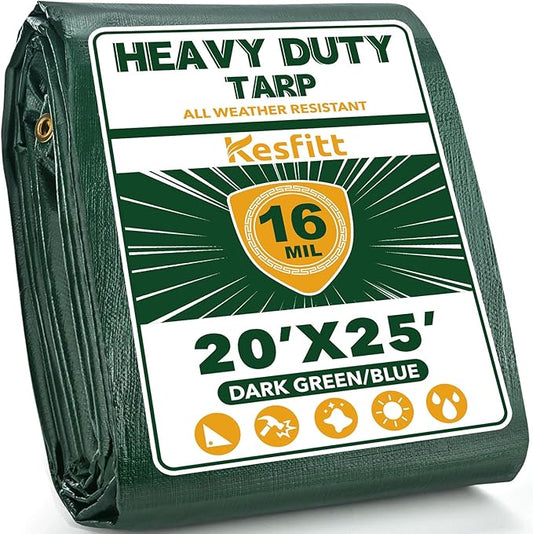 Kesfitt Tarp Heavy Duty Waterproof 20x25FT,16 Mil Thick Tarps Tear&Fade Resistant,UV Resistant,Poly Tarp Cover with Grommets and Reinforced Edges for Outdoor Camping Pools Boat Car(Green/Blue)