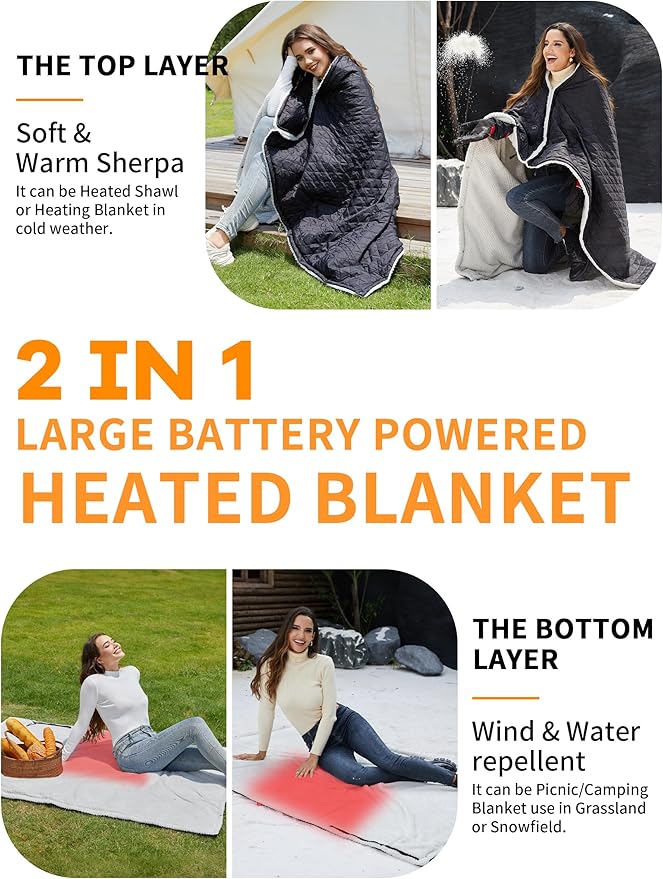 Heated Blanket Battery Operated,12V Cordless heating pad with 15000 battery,Heated Shawl Throw Blanket,Wearable Heated Blanket,Sherpa Lining,3 Heating Set for Outdoor Camping,Backpacking,Hiking,Travel
