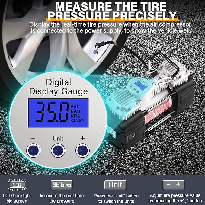 GSPSCN 6X Faster Inflation Portable 12V Air Compressor Pump Digital Display Tire Inflator with LED Flashlight, Heavy Duty Dual Cylinder Tire Pump 150 PSI for Auto,SUV,Off-Road,Truck,RV,Bike etc