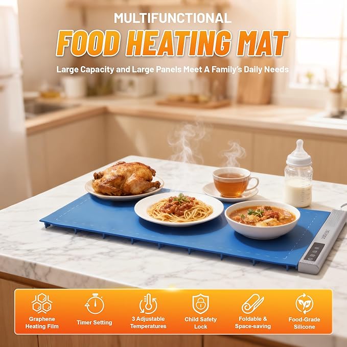 Warming Mat for Food,Food Warming Mat,2 Pack Electric Food Warmer Mat with Graphene Heating Tech, 3 Temperature Settings & 15 Timer Modes, Child Safety Lock, Silicone Heating Pad for Buffets Party
