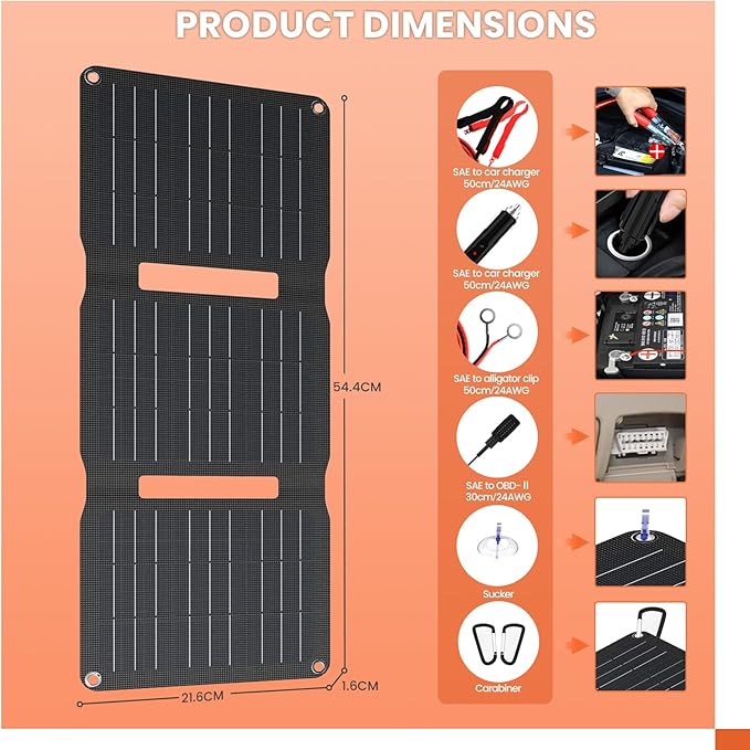 FlexSolar 15W Foldable Solar Panel Trickle Charger Maintainer Kits - 12V DC & USB Output with Built-in Controller Includes Cigarette Lighter, Alligator Clips, O-Rings,OBDII Connector for Car, Truck