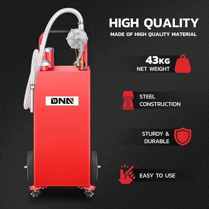 DNA MOTORING 35 Gallon Gas Caddy Fuel Tank Container, Large Gasoline Diesel Can with Wheels, Rotary Hand Pump for Cars, Lawn Mowers, ATVs, Boats, TOOLS-00387