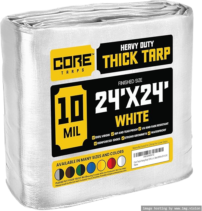 Core Tarps Heavy Duty 10 Mil Tarp Cover, Waterproof, UV Resistant, Rip and Tear Proof, Poly Tarpaulin with Reinforced Edges for Roof, Camping, Patio, Pool, Boat (White 24′ X 24′)