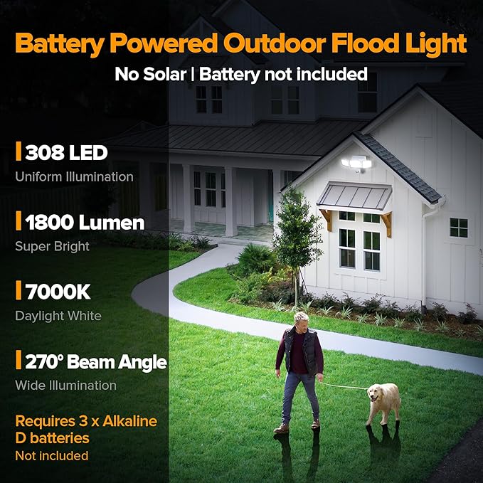 UME Battery Powered Motion Sensor Outdoor Lights 302 LED 1800LM, IP65 Waterproof Battery Operated Flood Lights Outdoor, 3 Heads Security Motion Light with 3 Modes for Garden Patio Yard (White)