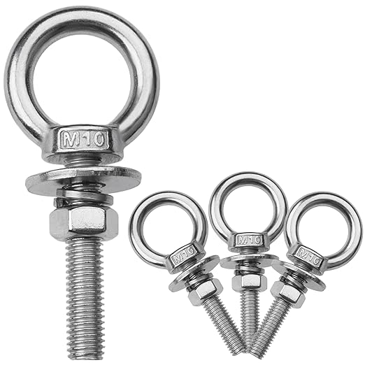 4 Pack M10 Stainless Steel Eye Bolts with Nuts, 3/8" x 2" Long Lifting Ring Eye Bolt， Eye Bolts Heavy Duty for Hang Tie Down Outdoor (4, M10x51mm (3/8"x2"))