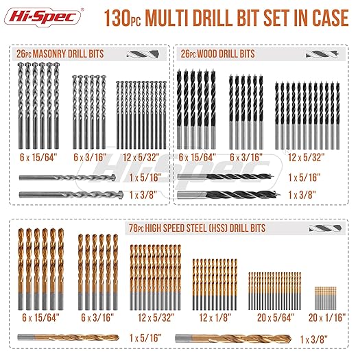 Hi-Spec Drill Bit Set 130pc Multi SAE – 11 Sizes 1/16in to 3/8in – HSS Titanium, Masonry & Brad Point Steel Bits – Metal Drill Bits for Metal, Wood, Plastic, Drywall, Brick & Concrete – With Tray Case