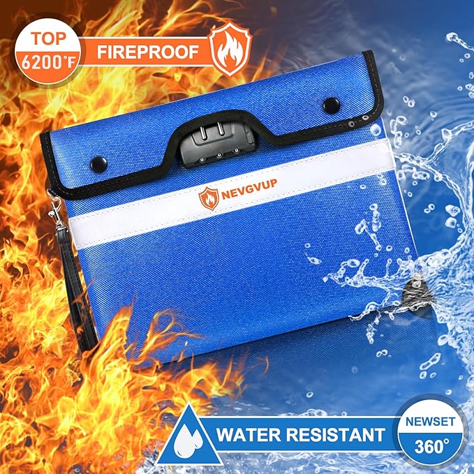 6200F Fireproof Bag with Lock, A5 Document & Cash Protection, 9 Layers Heat Insulated, Reflective Strip, 360 Fire Resistant, Water Resistant Zipper & Lock, PLUS 4200F Fire Bag for Cash