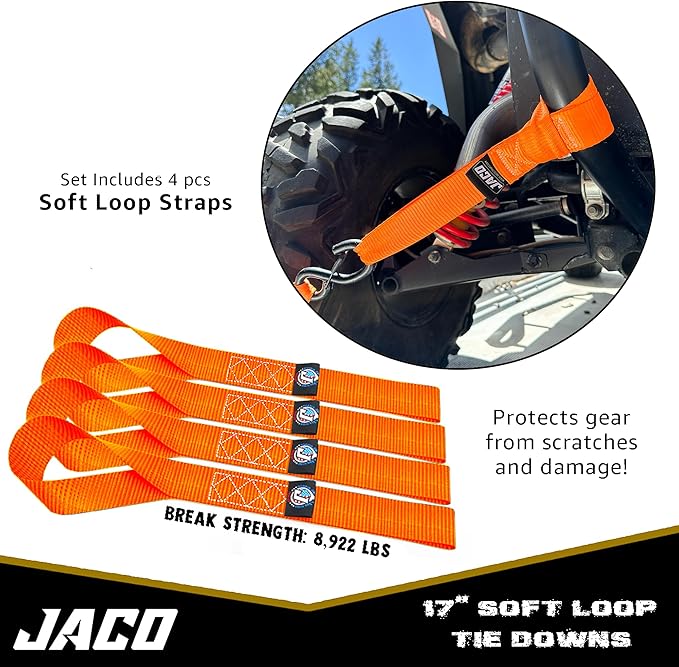 JACO Heavy Duty Ratchet Straps - 1.6 inch x 8 ft (Pack of 4) | Tie Down Kit with Soft Loops - 5,208 lbs (Orange)