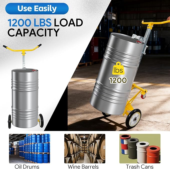 55 Gallon Drum Dolly, Upgraded Heavy-Duty Bucket Dolly with Wheels, 1200lbs Steel Barrel Drum Dollies for Garages Warehouse Workshopp