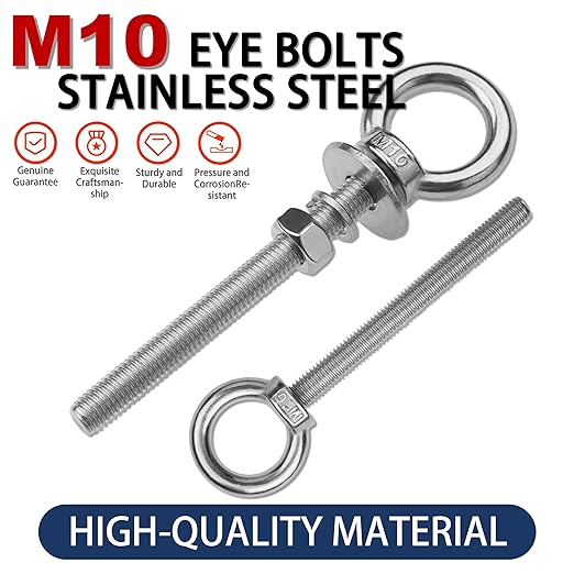 8 Pack M10 Stainless Steel Eye Bolts with Nuts, 3/8" x 4" Long Lifting Ring Eye Bolt， Eye Bolts Heavy Duty for Hang Tie Down Outdoor (8, M10x102mm (3/8"x4"))