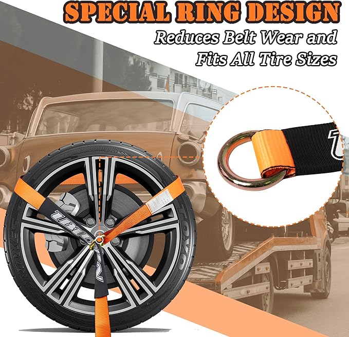 4 Pack Car Tie Down Straps for Trailers with Heavy Duty Chain Anchors 2" x 96" - 3,300 lbs Safe Working Load -Adjustable Wheel Straps with Chain Hook Anchors for Trailers.Orange