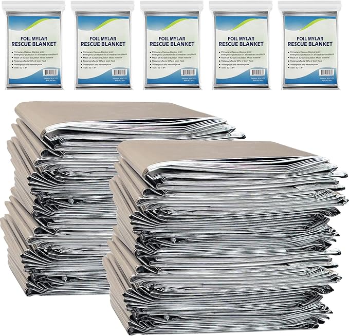 NOVAMEDIC Emergency Mylar Foil Thermal Blankets - Pack of 200, 84"x52", Individually Wrapped, Waterproof Survival Blanket for Camping, Outdoors, First Aid Kit & Travel, Lightweight & Compact, Silver