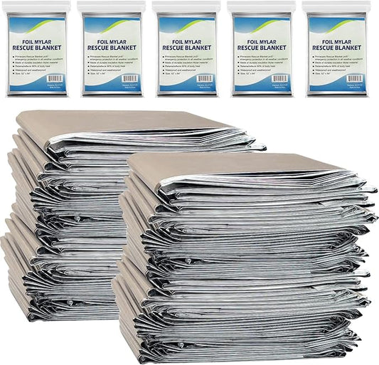 NOVAMEDIC Emergency Mylar Foil Thermal Blankets - Pack of 200, 84"x52", Individually Wrapped, Waterproof Survival Blanket for Camping, Outdoors, First Aid Kit & Travel, Lightweight & Compact, Silver