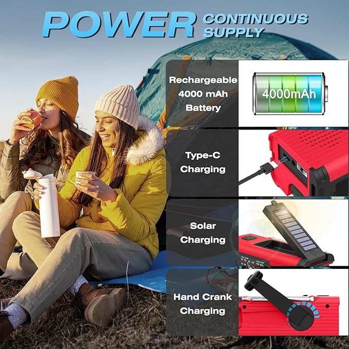Emergency Weather Radio, 4000mAh NOAA Weather Alert Radio Solar Charging, Hand Crank & USB Charged, AM/FM with LED Flashlight, Reading Lamp, SOS Alarm, Headphone Jack for Outdoor Indoor