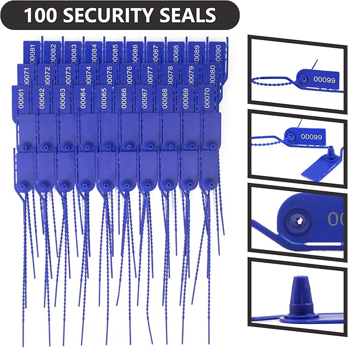 100 Plastic Tamper Seals Numbered Label Tags Pull Tite Security Seals Adjustable Length Breakable Tags Secure Inspection Tags for Fire Extinguishe Pin, First Aid Kits (Blue)