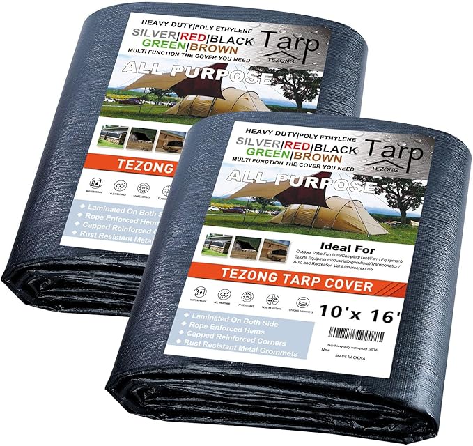 Tarps Heavy Duty Waterproof 10x16ft,TEZONG Black Tarp 12Mil Plastic Tarpaulin Outdoor Tarp Cover for Emergency Rain,Patio Furniture,Wood,Roof,Camping,Car,Pool 2pack