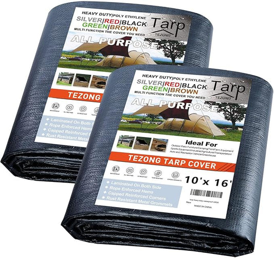 Tarps Heavy Duty Waterproof 10x16ft,TEZONG Black Tarp 12Mil Plastic Tarpaulin Outdoor Tarp Cover for Emergency Rain,Patio Furniture,Wood,Roof,Camping,Car,Pool 2pack