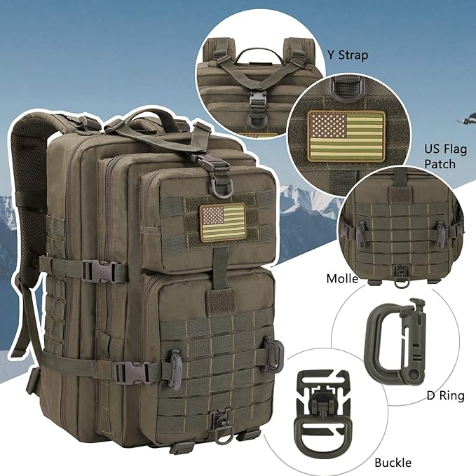 MOLLE Assault Backpack, Tactical Backpack Military Army Camping Rucksack, 3-Day Pack Trip w/USA Flag Patch, D-Rings, Olive
