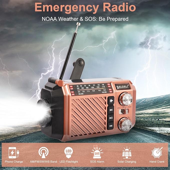 Hand Crank Emergency Weather Radio with 2600mAh/9620mWh Power Bank, NOAA AM FM Shortwave Portable Radio, Solar & USB-C Charging, Flashlight, SOS Alarm for Emergency Kits (Brown)