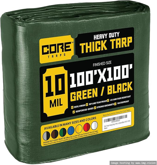 Core Tarps Heavy Duty 10 Mil Tarp Cover, Waterproof, UV Resistant, Rip and Tear Proof, Poly Tarpaulin with Reinforced Edges for Roof, Camping, Patio, Pool, Boat (Green/Black 100′ X 100′)