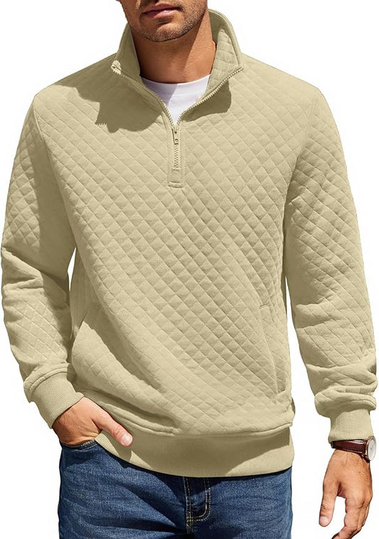 COOFANDY Mens Quarter Zip Pullover Quilted Sweatshirt Knit Long Sleeve Mock Neck Sweater Polo with Pocket
