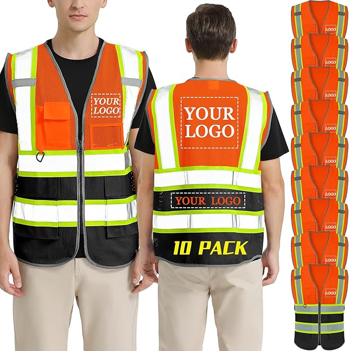 BeautyWill 10 Pack Custom Logo Safety Vest ANSI Class 2 High Visibility Reflective Vest Personalized Construction Vest Bulk