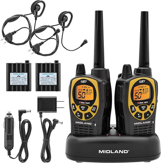 Midland GXT1030VP4 GMRS Two-Way Radio (50-Channel, Long Range, 142 Privacy Codes, SOS, NOAA, Rechargeable Nickel Battery, Black/Yellow, 2-Pack)