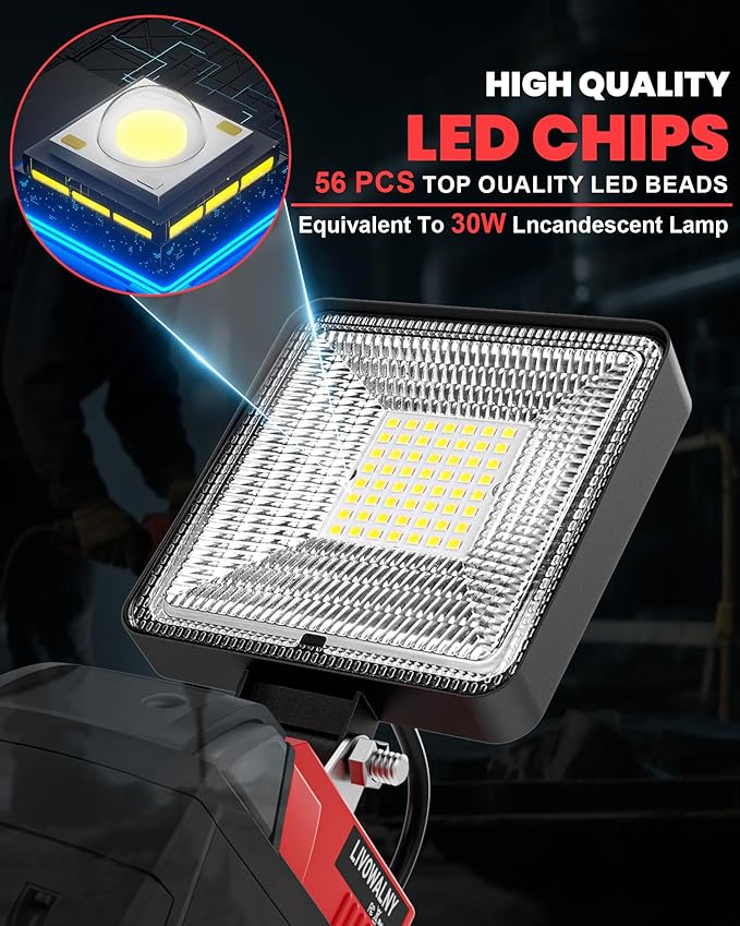 LIVOWALNY 30W LED Work Light Compatible with Milwaukee Battery, Portable 3000LM Flood Flashlight Tools 140° Adjustable Head with USB & Type C Output Port for Camping, Hiking, Construction, Emergency