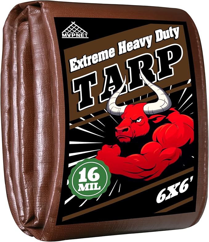 Tarp 6x6ft Heavy Duty Waterproof 16 Mil Tarps,UV-Resistant,Tear-Proof,Black&Brown Multipurpose Tarps,for Outdoor Pool,Camping,Tent,Roof,Garden Etc -by MVPNET