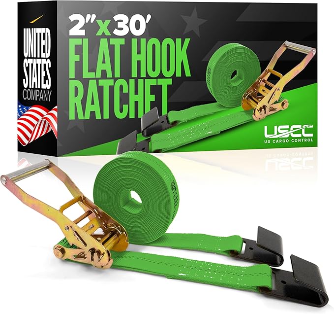 US Cargo Control Flat Hook Ratchet Strap 2 Inch X 30 Foot, 10,000 LBS Break Strength, Green Heavy Duty Ratchet Straps with Black Flat Hooks, Tie Downs for Flatbed Trailer