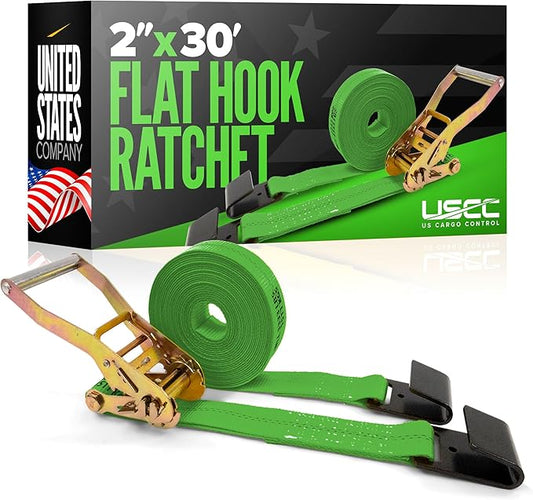 US Cargo Control Flat Hook Ratchet Strap 2 Inch X 30 Foot, 10,000 LBS Break Strength, Green Heavy Duty Ratchet Straps with Black Flat Hooks, Tie Downs for Flatbed Trailer
