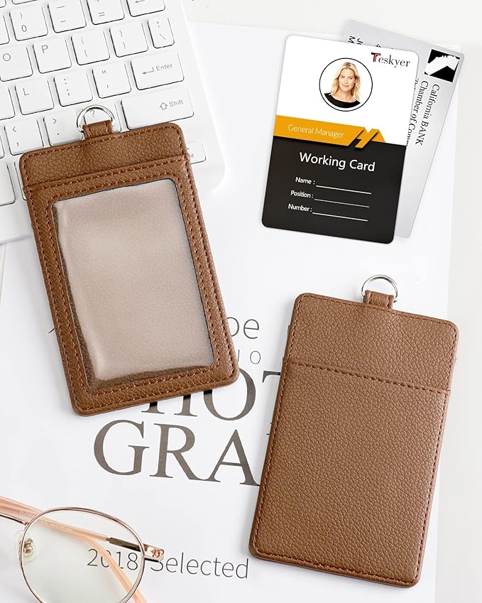 Teskyer Badge Holder with Lanyard, Leather ID Name Badge Card Holder with Lanyard for ID Badges, Vertical, Lychee Pattern Coffee